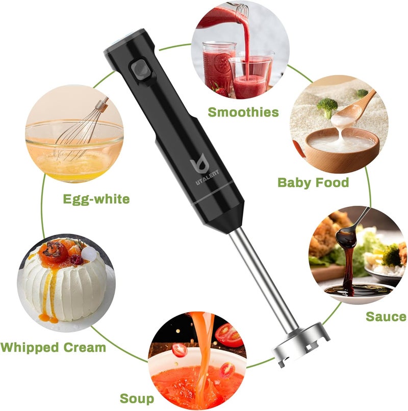 UTALENT Cordless Hand Blender, Variable Speed Immersion Blender Rechargeable, with 500ml Chopper, 600ml container, Egg Whisk, for Smoothies, Baby Food and Soups – Black - Image 4